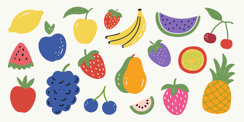 Colorful and Playful Fruit Illustration with Lemon Apple Strawberry Banana and Watermelon