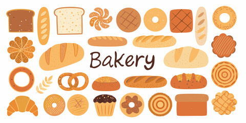 Bakery assortment with bread bagels donuts pretzels croissants and cupcake illustration