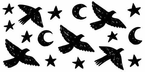 Hand Drawn Birds Stars and Crescent Moons Pattern in Black and White