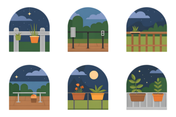 Six arched windows showing nighttime scenes isolated on transparent background