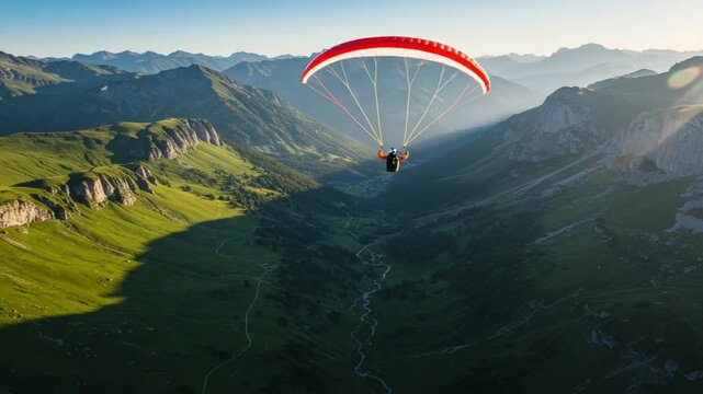 A paraglider soaring over lush green mountains during a bright sunny day in the Alps