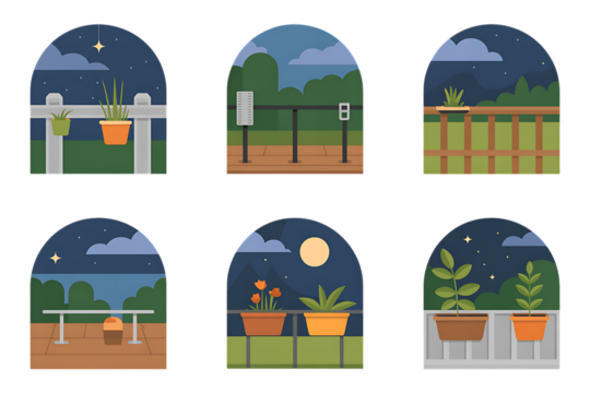 Six arched windows showing nighttime scenes isolated on transparent background