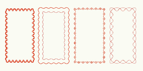 Set of four decorative red frames with wavy and dotted borders