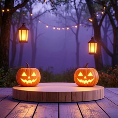 Obraz premium Glowing Pumpkins on Wooden Platform with Forest Background and Lanterns at Night