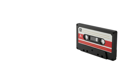 Fototapeta premium Pristine vintage black audio cassette with white label, red and golden stripes, on seamless minimalist studio surface for text overlay, concept of digital transformation and technological heritage