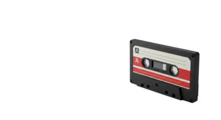 Pristine vintage black audio cassette with white label, red and golden stripes, on seamless minimalist studio surface for text overlay, concept of digital transformation and technological heritage