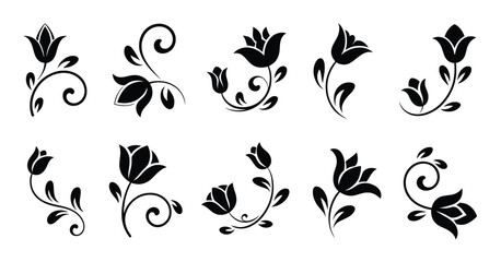 Black floral ornaments with swirling stems decorative