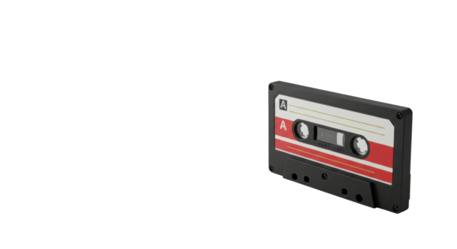Pristine vintage black audio cassette with white label, red and golden stripes, on seamless minimalist studio surface for text overlay, concept of digital transformation and technological heritage