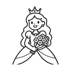 A princess holding a bouquet of flowers, wearing a crown and big gown, smiling silhouette Vector Design. 