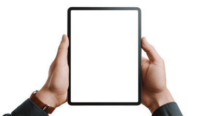 Hand holding a blank tablet with a white screen, isolated on a transparent background