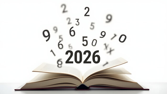 Conceptual photo of open book with floating abstract numbers and central number 2026, artistic blur, white background studio image