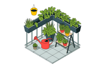 Balcony garden with plants and watering can isolated on transparent background