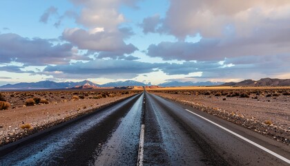 Naklejka premium Wet Desert Road Leading Towards Mountains Under Cloudy Sky.