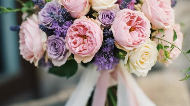 A close-up of a bouquet featuring pink, lavender, and cream-colored roses, with complementary green foliage. Soft ribbons flow below
