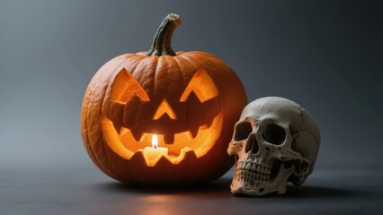 Fototapeta premium Classic Halloween elements presented, with a pumpkin lantern and a skull combined to create a mysterious and festive scene.