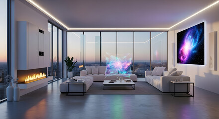 Modern luxury living room with city views and futuristic holographic art