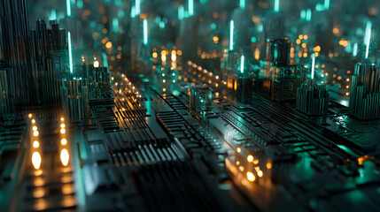 Futuristic circuit board city, glowing with cyber energy. Abstract night circuit city backdrop with mock up place in sky. Smart city, ai and digital transformation concept. Double exposure
