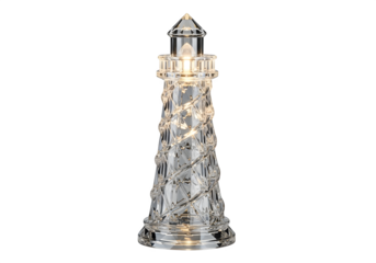 Elegant glass lighthouse lamp, isolated on transparent background, a decorative nautical beacon shining bright, perfect for home decor and a touch of maritime charm
