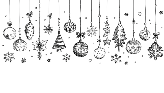 hand-drawn garland of christmas decorations, such as balls, trees, and snowflakes, isolated on a transparent background