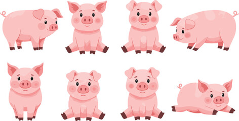 Cute pink piglets cartoon illustrations, adorable farm animals, baby pigs, happy livestock, playful pig drawings, children’s animal characters