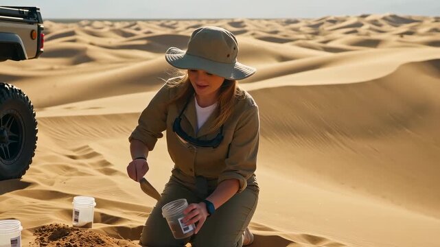 Female Explorer Collecting Sand Samples in Desert Landscape