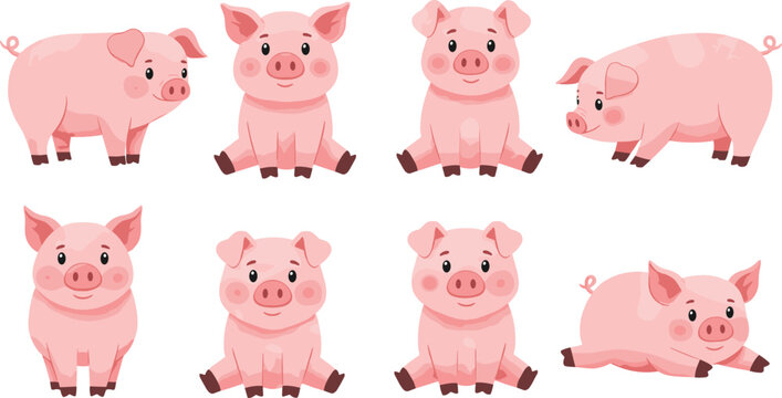 Cute pink piglets cartoon illustrations, adorable farm animals, baby pigs, happy livestock, playful pig drawings, children’s animal characters