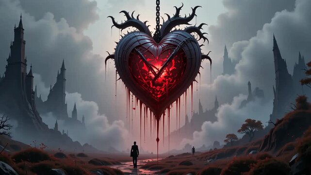 Dark gothic heart with thorns glowing red and black surrounded by stormy clouds. Dramatic emotional concept