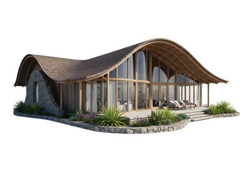 Modern house with a unique design and large windows, isolated on transparent background, showcasing architectural beauty and contemporary style