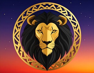 Golden lion head in ornate frame against sunset sky