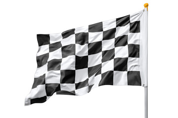 The black and white checkered finish flag flutters in the wind

