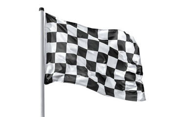 The black and white checkered finish flag flutters in the wind
