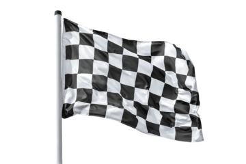 The black and white checkered finish flag flutters in the wind
