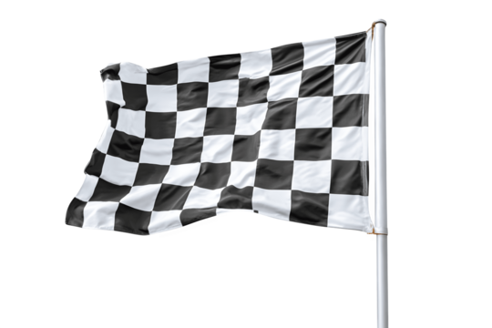 The black and white checkered finish flag flutters in the wind
