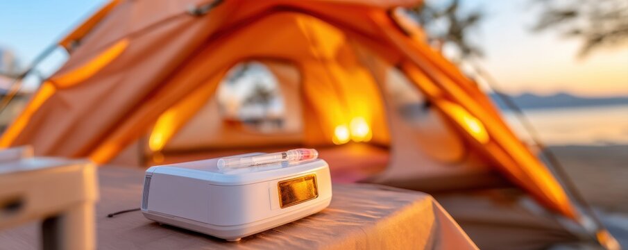 Infectious Disease Pandemic Preparedness. Cozy camping setup with a soft glow in a tent at sunset.