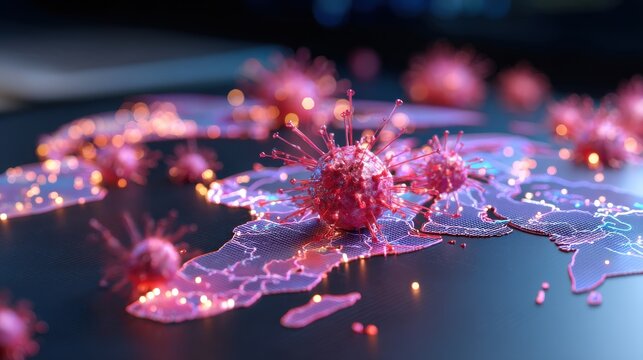 Infectious Disease Pandemic Preparedness. Digital illustration of a world map with glowing virus particles scattered across it.