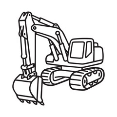 Black and white line art illustration of a large excavator with bold outlines for coloring activity.