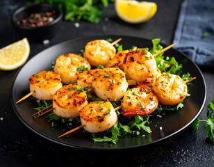 Grilled shrimp skewers on a dark plate with greens