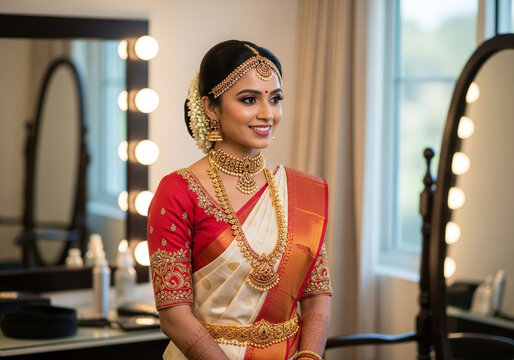 South indian bride in traditional wedding saree and gold jewellery looking beautiful and happy on her wedding day