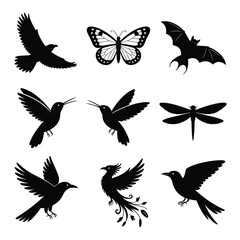 Fototapeta premium Black silhouette illustrations of flying birds and insects