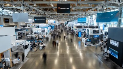A time-lapse of people moving between exhibition stands, capturing the buzz of a busy conference and trade show event.