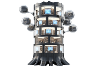 Futuristic treelike data center architecture with screens and spheres isolated on transparent background, showcasing innovative technology and urban design