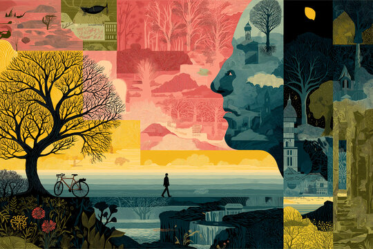 A surreal painting of a human profile integrated with a natural landscape. A concept of the deep connection between humanity and nature.