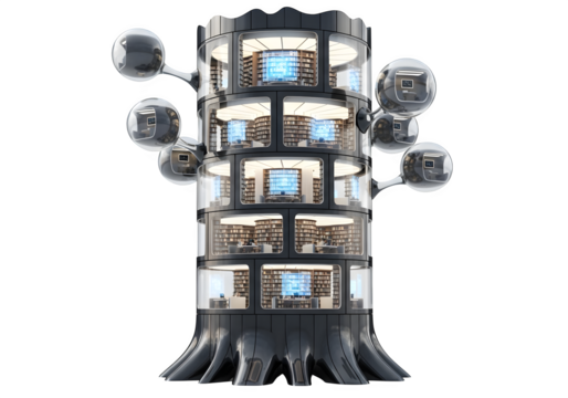 Futuristic treelike data center architecture with screens and spheres isolated on transparent background, showcasing innovative technology and urban design - Powered by Adobe