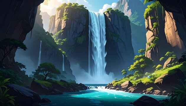 Lush Waterfall Cascading Through Mountainous Gorge in a Cave Entrance.