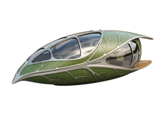 A futuristic leaf pod vehicle isolated on transparent background, embodying ecofriendly transportation with a blend of nature, technology, and sustainable design