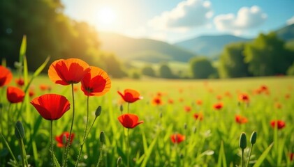 Sun-drenched meadow, vibrant red poppies bloom amidst lush green grass, green, stem, colorful