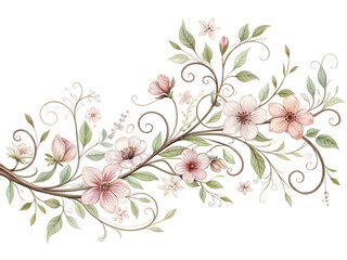 Delicate floral vine with pink blossoms and green leaves botanical decorative