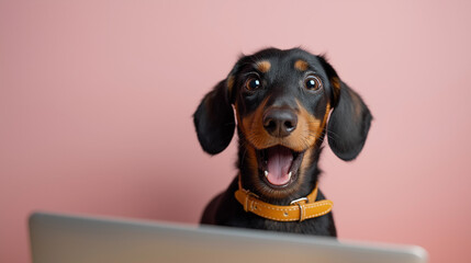 Black dachshund puppy sitting at laptop with surprised expression against pink background