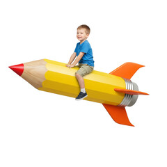 Smiling Child Riding Pencil Rocket Symbolizing Learning and Imagination Isolated
