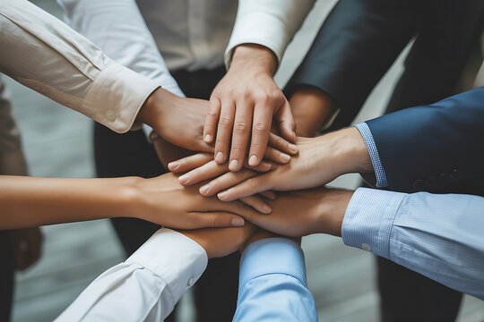 Diverse team members join hands in a powerful symbol of unity collaboration and shared success